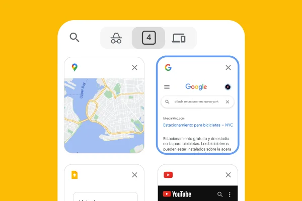 Un navegador para dispositivos móviles carga pestañas de un navegador para computadoras, lo que incluye información sobre el estacionamiento en Nueva York y Google Maps.