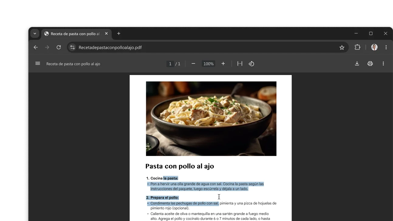 Un PDF con una receta está abierto en una ventana del navegador Chrome. El usuario seleccionó texto en el PDF.