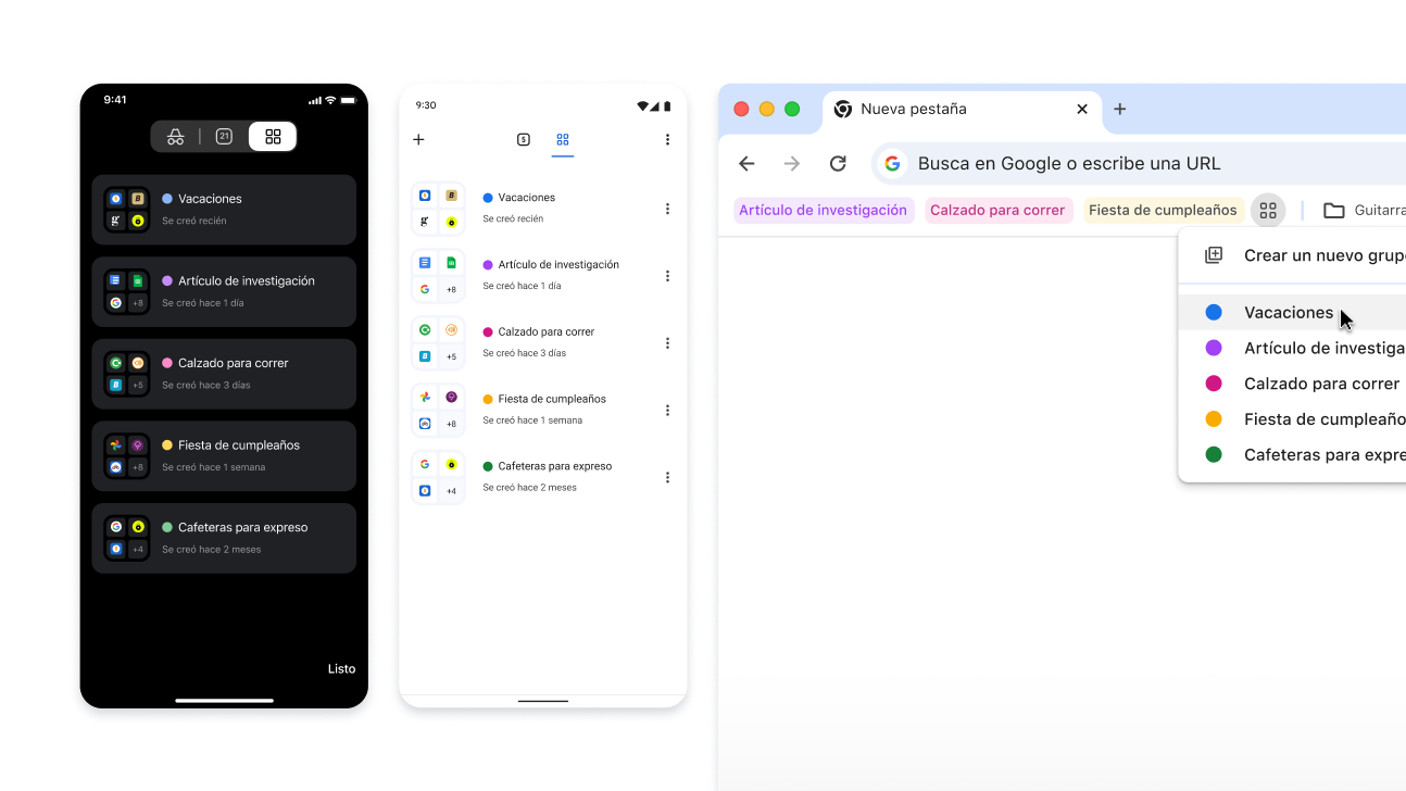 Grupos de pestañas en dispositivos iOS, Android y dispositivos de escritorio