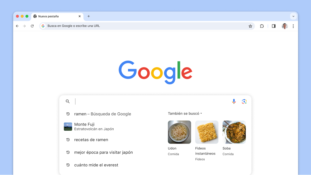 Se muestra el cursor en el cuadro de búsqueda con temas relacionados y búsquedas anteriores que se cargan automáticamente.