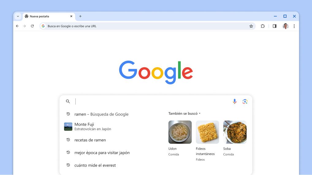 Se muestra el cursor en el cuadro de búsqueda con temas relacionados y búsquedas anteriores que se cargan automáticamente.